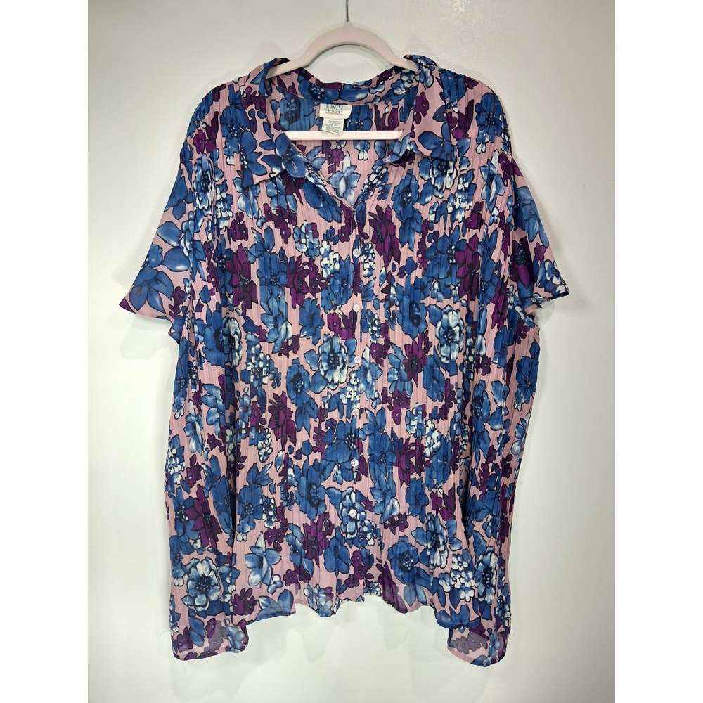 Only Necessities Women 4X Pink Blue Floral Pleated Button Front Blouse Top